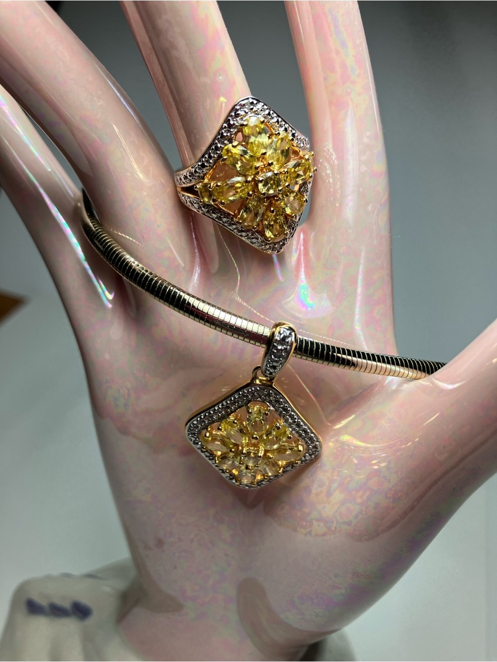 Technibond Orginal Ring and Pendant in yellow CZs with diamond accents.